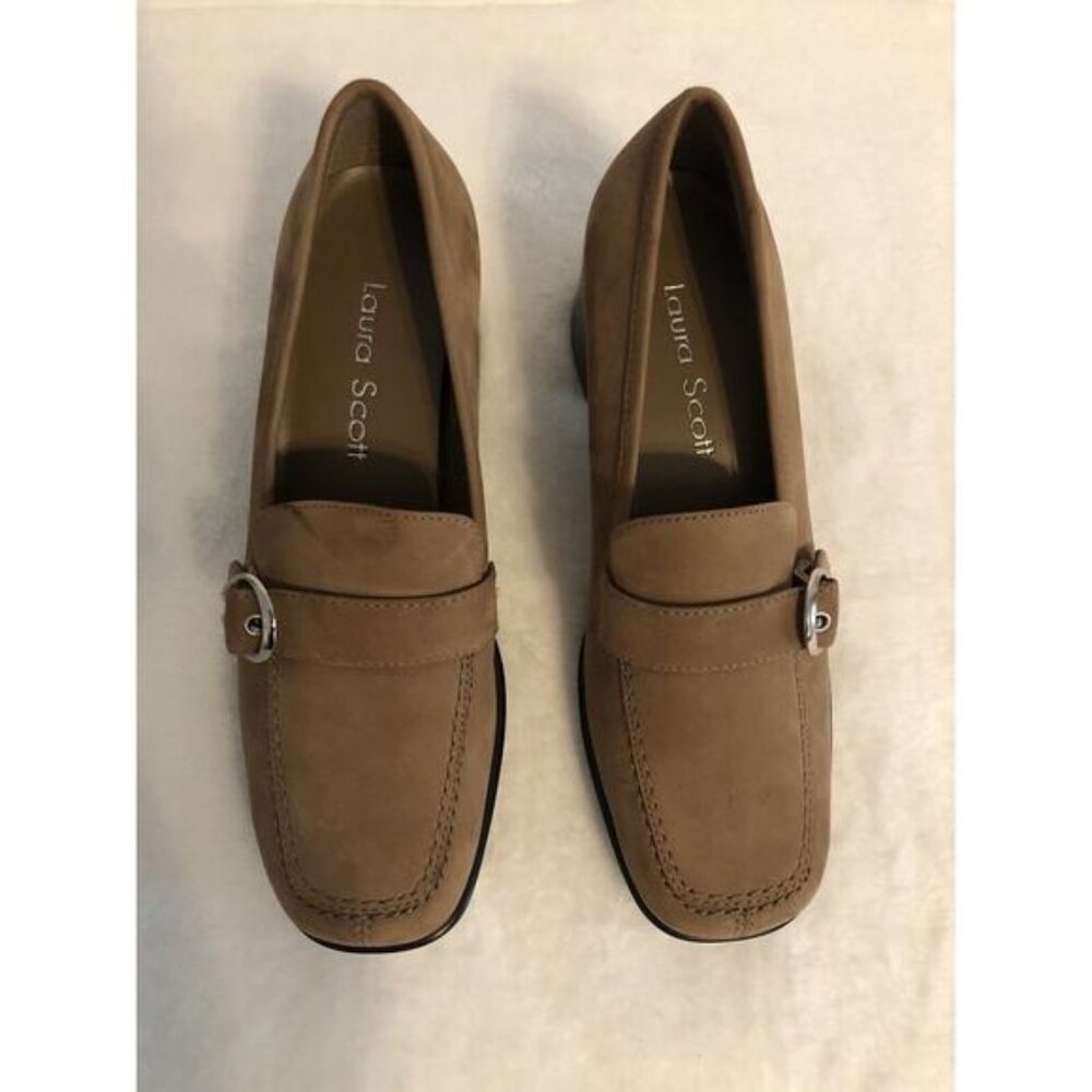 Laura Scott 6.5‎ Dark Beige Tan Pump Shoes 2" Heel Square Toe Slip On TINY FLAW